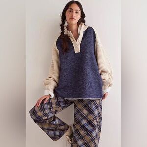 Free People Navy and Cream V-Neck Sweater